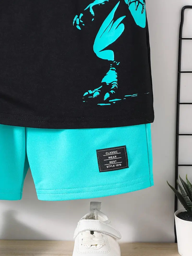 Ensemble chemise garçon noir et turquoise – t-shirt imprimé dinosaure avec short assorti été