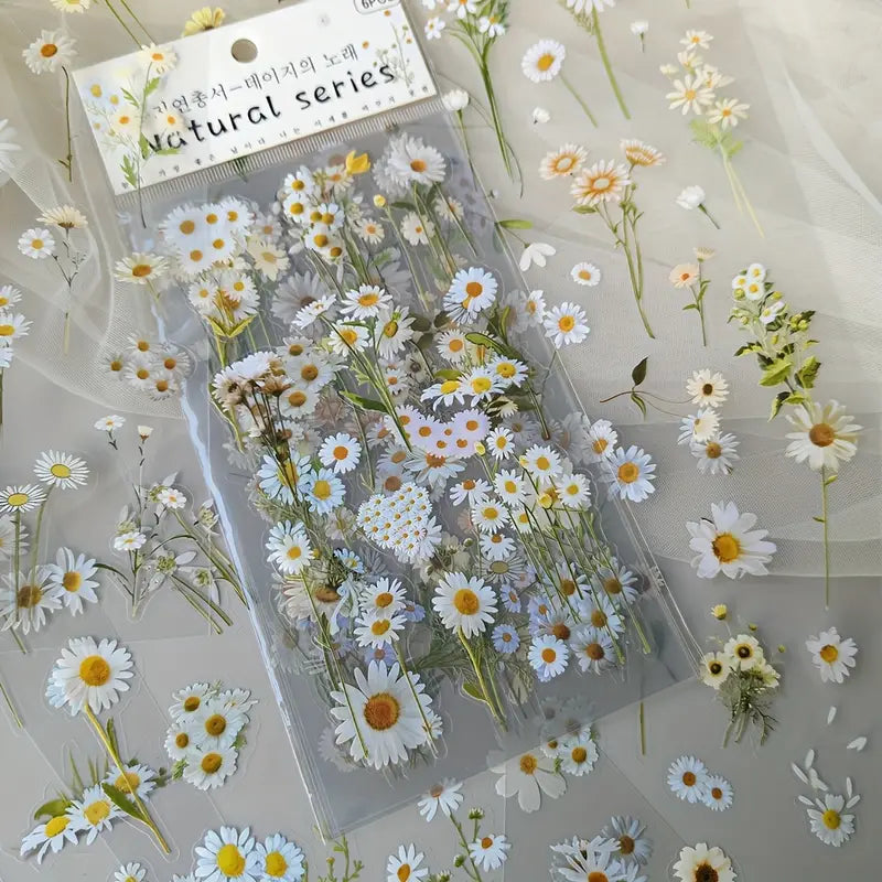Stickers Fleurs Marguerites – Autocollants Transparents Naturels pour Papeterie, Scrapbooking, Journaling et DIY