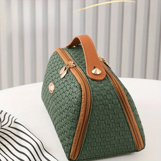 Trousse de toilette élégante vert tressé  Grande capacité et finition haut de gamme