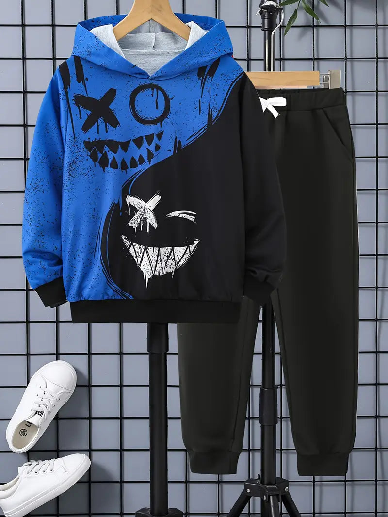 Ensemble Garçon Sweat à Capuche Imprimé Graphique + Pantalon Jogging – Tenue Décontractée Stylée