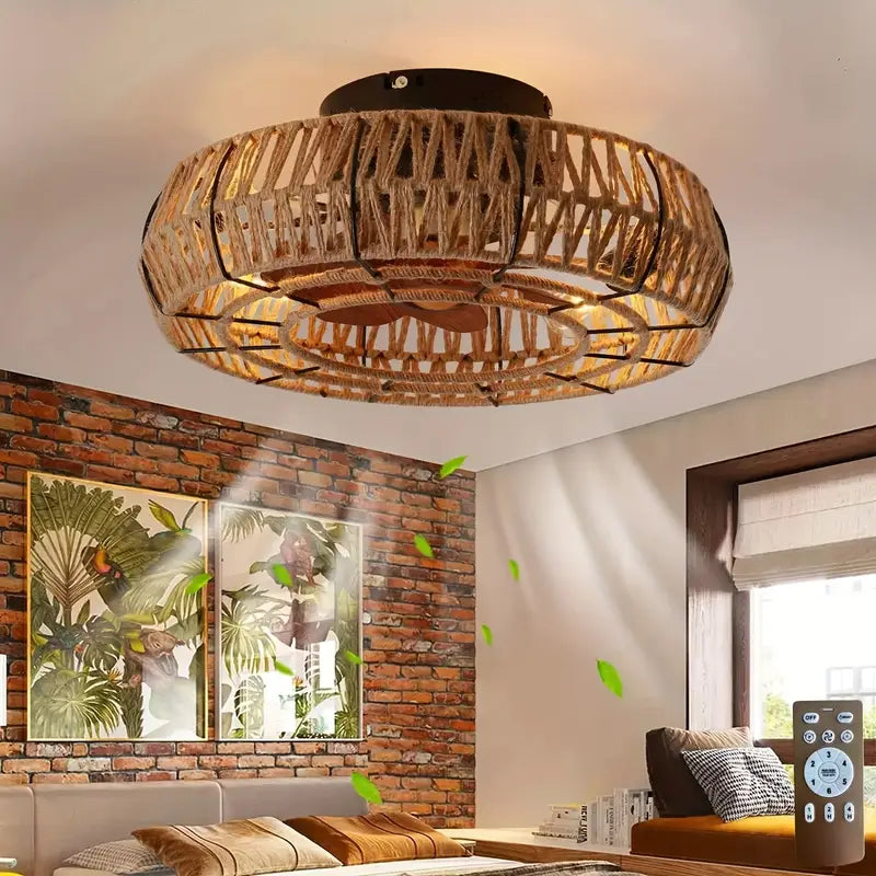 Ventilateur de Plafond LED avec Abat-Jour en Rotin Tressé – Éclairage Intégré et Télécommande pour Ambiance Naturelle