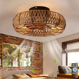 Ventilateur de Plafond LED avec Abat-Jour en Rotin Tressé