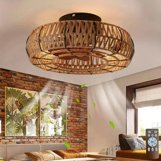 Ventilateur de Plafond LED avec Abat-Jour en Rotin Tressé – Éclairage Intégré et Télécommande pour Ambiance Naturelle