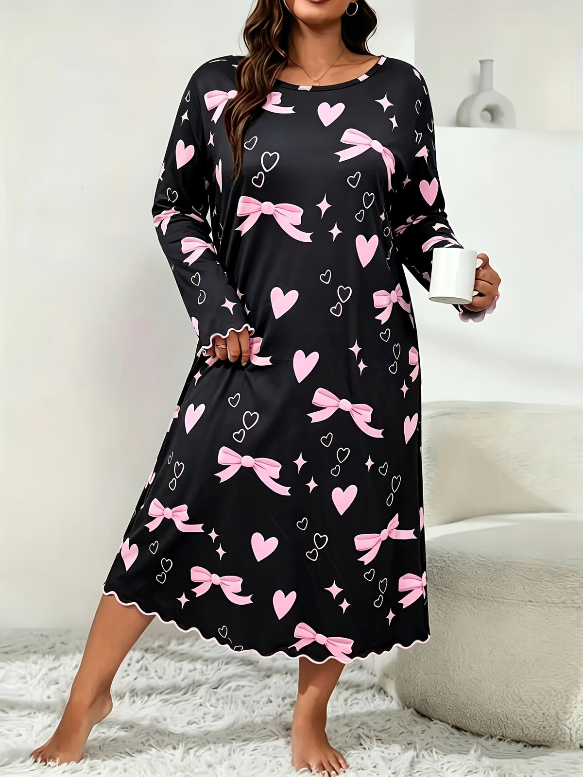 Chemise de Nuit à Manches Longues Automne/Hiver avec Imprimé Nœud Rose