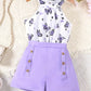 Chemise fille été sans manches motif papillons avec short violet chic