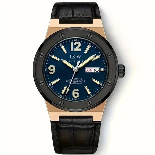 Montre homme automatique élégante – Cadran bleu avec affichage date et bracelet cuir