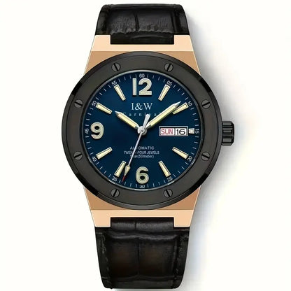 Montre homme automatique élégante – Cadran bleu avec affichage date et bracelet cuir