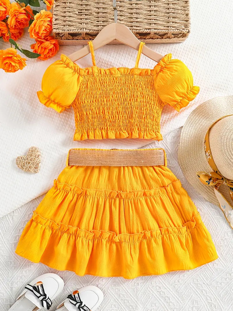 Ensemble fille été 2 pièces – Haut court à manches bouffantes et jupe volantée