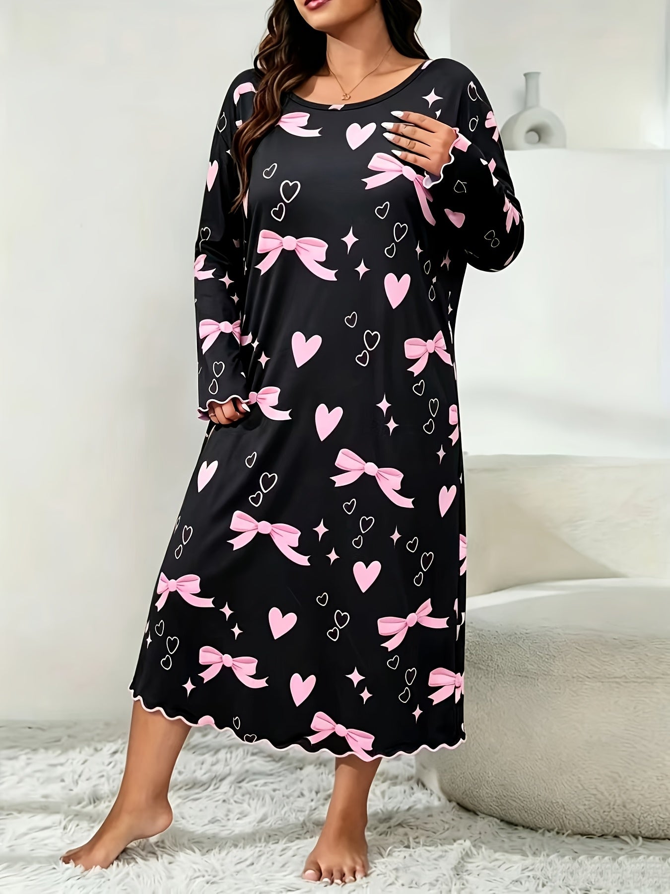 Chemise de Nuit à Manches Longues Automne/Hiver avec Imprimé Nœud Rose