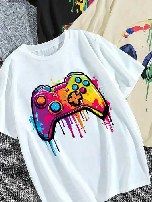 T-shirt Garçon Gamer Blanc – Haut Enfant avec Motif Manette Colorée Street Art