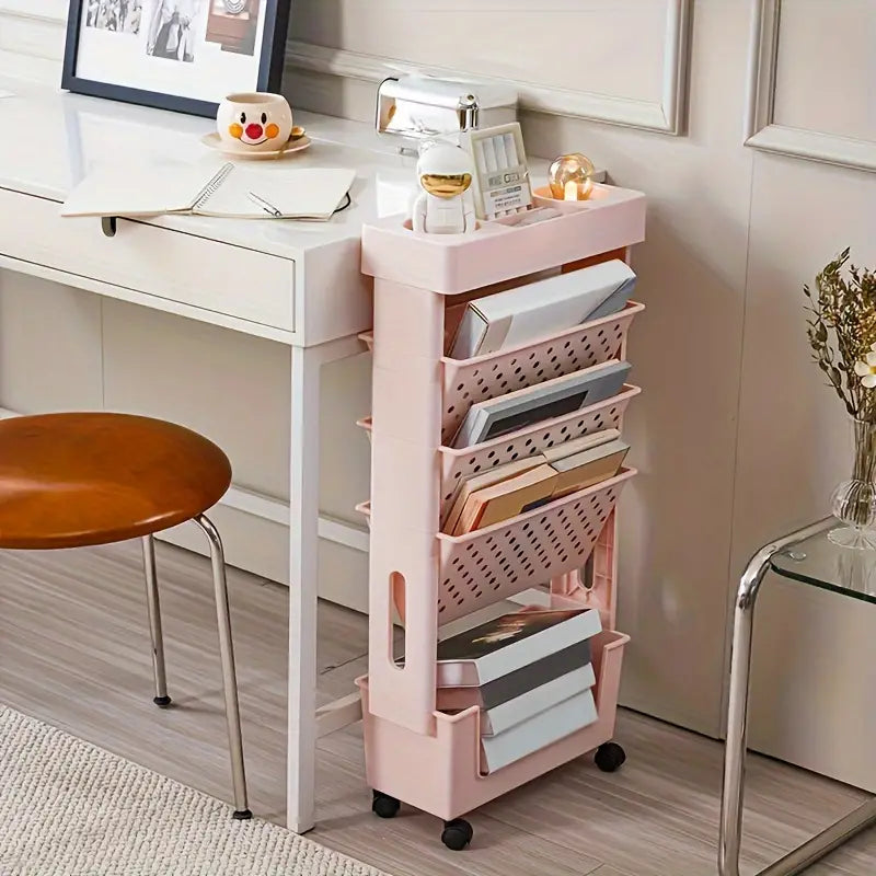 Chariot de rangement étroit à roulettes – Organisateur vertical en plastique rose pour dossiers, livres et fournitures de bureau