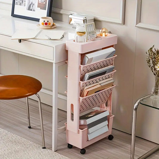 Chariot de rangement étroit à roulettes – Organisateur vertical en plastique rose pour dossiers, livres et fournitures de bureau