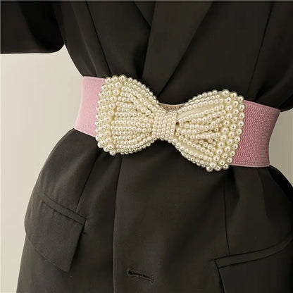 Ceinture Femme Élastique avec Nœud en Perles – Accessoire Chic et Élégant pour Robe et Manteau