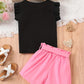 Ensemble fille été 2 pièces – T-shirt noir à volants et short rose