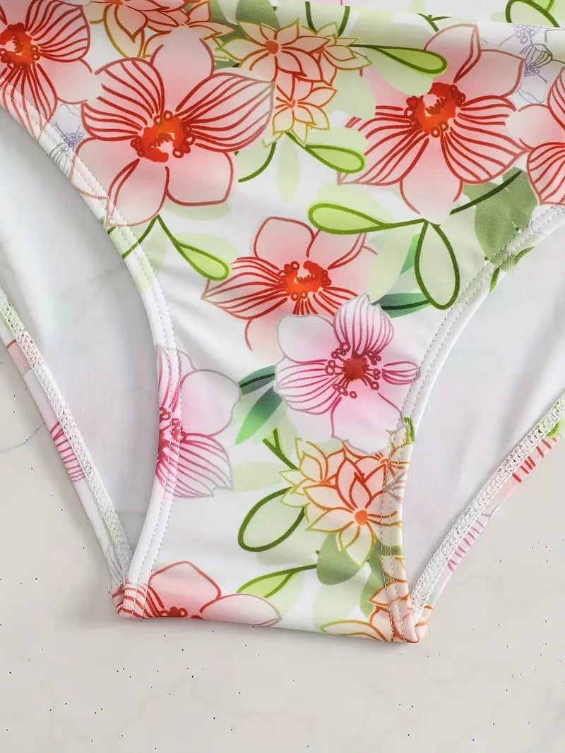 Bikini tankini à volants – Haut à bretelles corail et culotte taille haute à fleurs