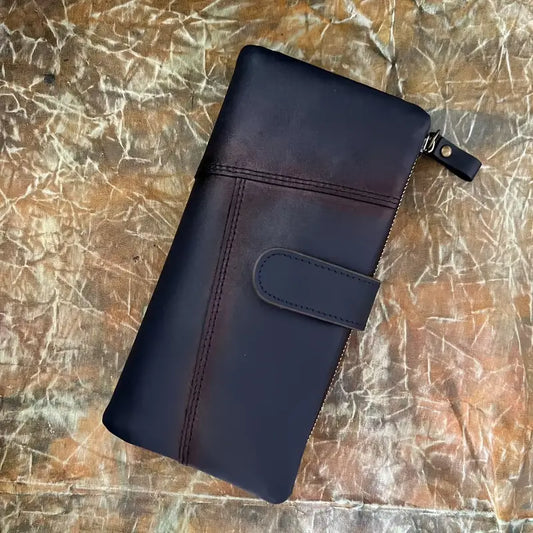 Portefeuille femme en cuir marron – Grand format élégant avec fermeture zippée