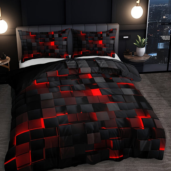 Parure de Lit 3 pièces à Motif Carreaux Inspiration Tech, coloris Rouge