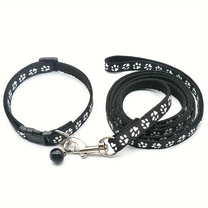 Ensemble Collier et Laisse pour Chat – Réglable avec Clochette, Motif Patte, Multicolore