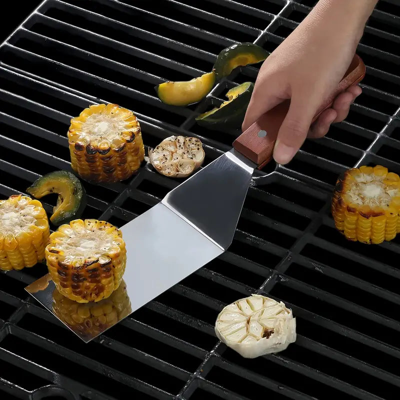 Spatule de Cuisine et Barbecue en Acier Inoxydable avec Manche en Bois – Outil de Cuisson pour Grillades et Plancha
