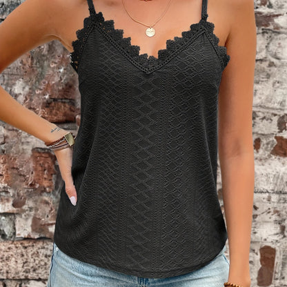 Top Cami Dentelle & Broderie Col V & Bretelles Fines, coloris Noir