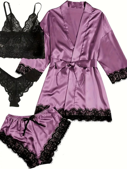 Ensemble Lingerie Femme Satin et Dentelle – Sous-vêtements et Pyjamas 4 Pièces avec Kimono, Débardeur, Short et String