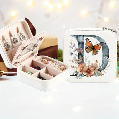 Boîte à bijoux de voyage personnalisée avec initiale florale – Étui compact pour bagues, colliers et boucles d’oreilles