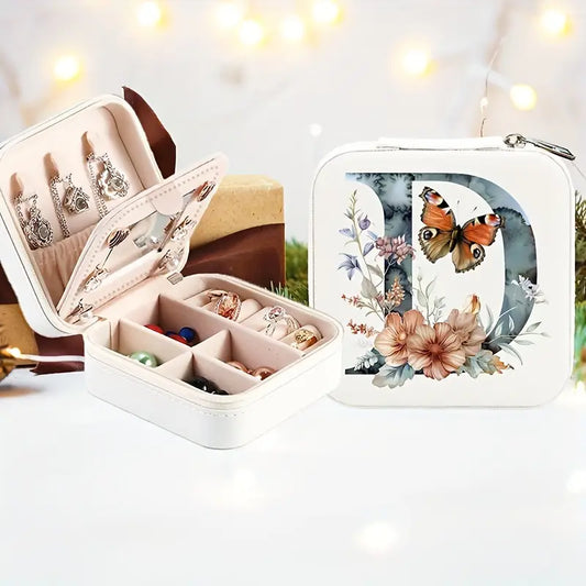 Boîte à bijoux de voyage personnalisée avec initiale florale – Étui compact pour bagues, colliers et boucles d’oreilles