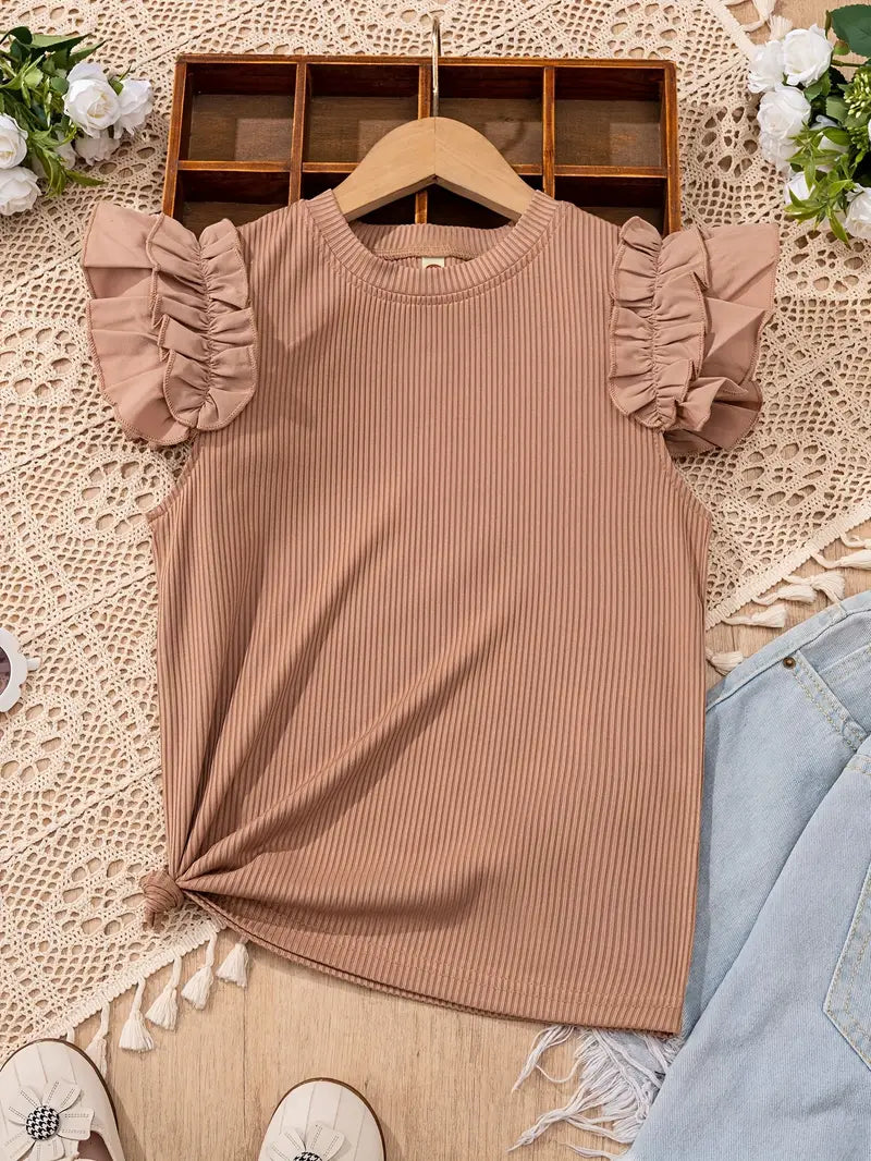 T-shirt fille rose sans manches à volants – Haut léger et élégant pour l’été