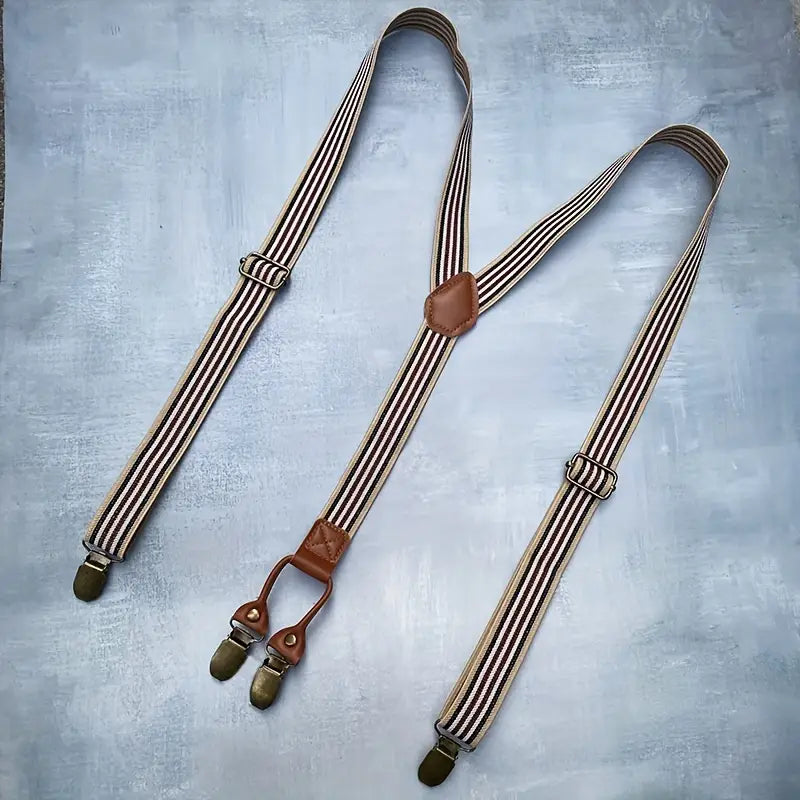 Bretelles homme à rayures rétro ajustables – Style vintage élégant avec attaches métalliques et cuir marron