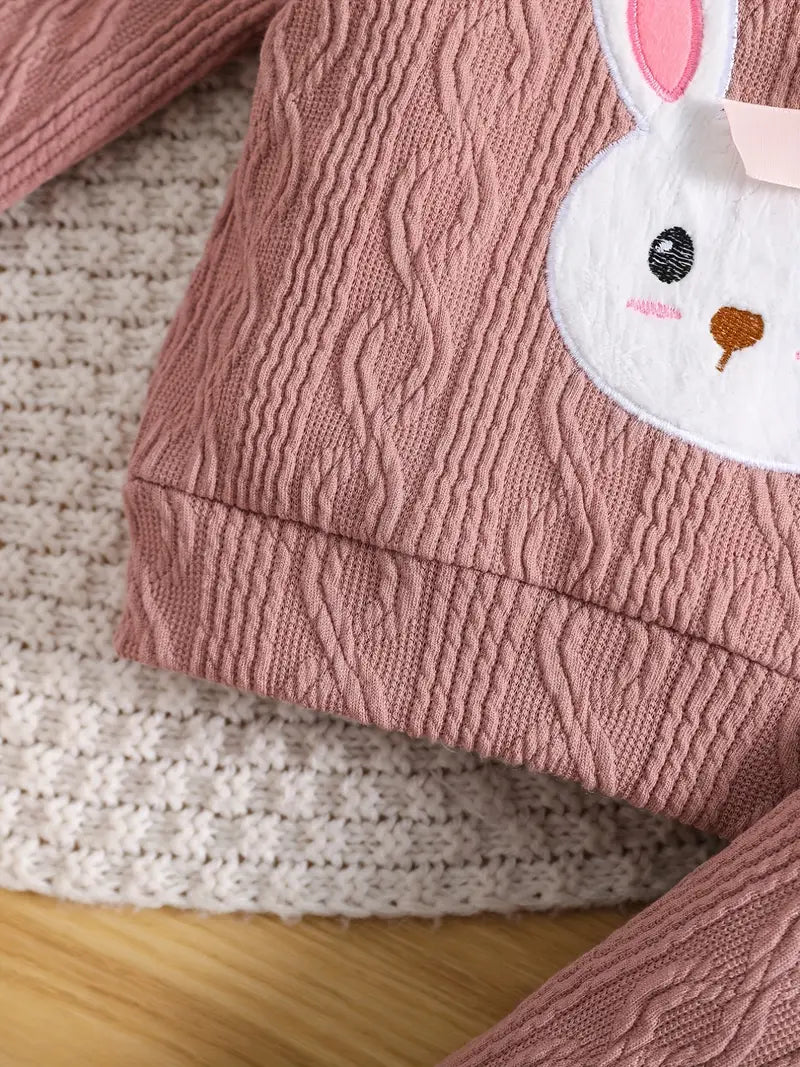 Ensemble Bébé Fille Tricoté Rose – Sweat Lapin avec Nœud & Pantalon Confort