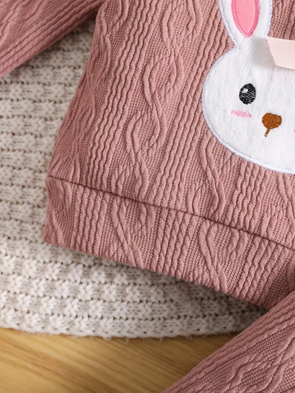 Ensemble Bébé Fille Tricoté Rose – Sweat Lapin avec Nœud & Pantalon Confort