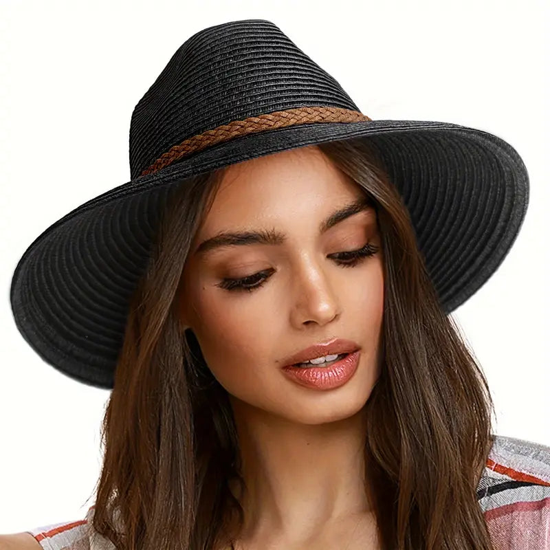 Chapeau femme été noir à large bord – Protection solaire élégante avec bande tressée