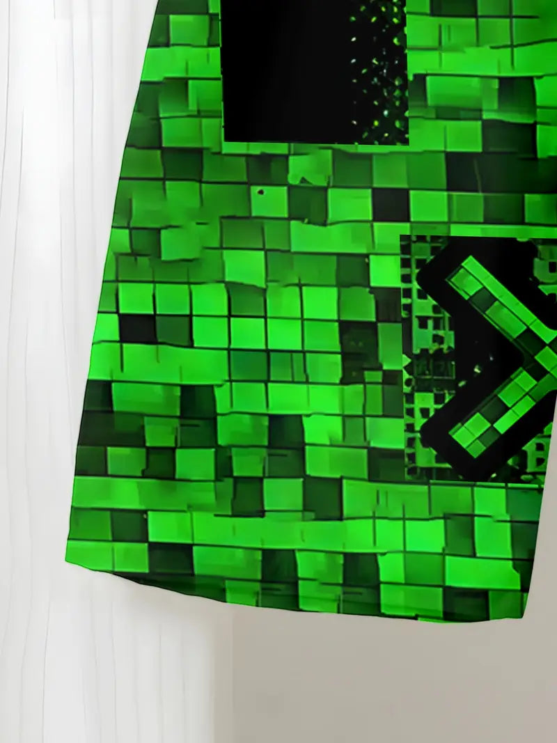 Maillot de bain garçon short plage vert et noir style pixel – Confort léger et séchage rapide