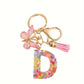 Porte-clés femme lettre initiale colorée – Breloque papillon et pompon rose tendance