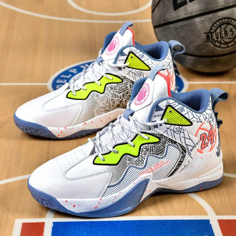Baskets garçon – Chaussures de basketball montantes blanches et violettes avec semelle antidérapante