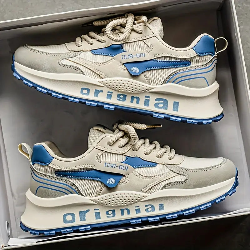 Baskets garçon – Chaussures de sport beige et bleu avec semelle épaisse et design original tendance