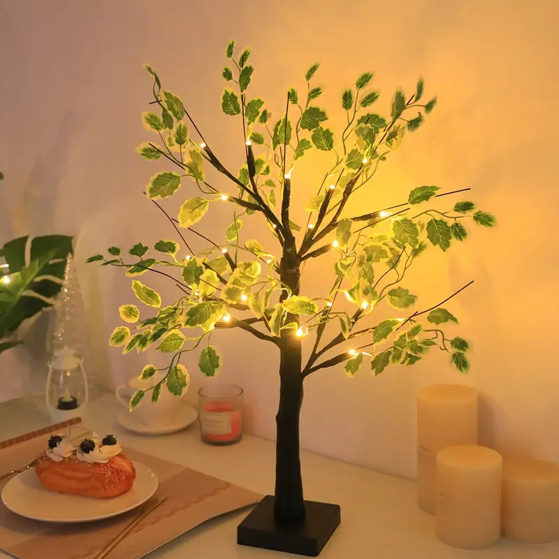 Lampe Arbre LED Décoratif avec Feuilles Vertes – Éclairage Ambiance Naturel pour Salon, Chambre et Bureau