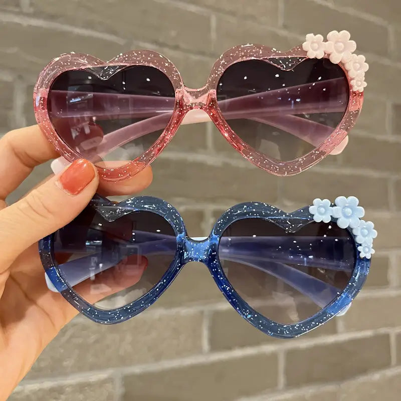 Lunettes de soleil enfants cœur paillettes avec fleurs – Mode fille été, protection UV
