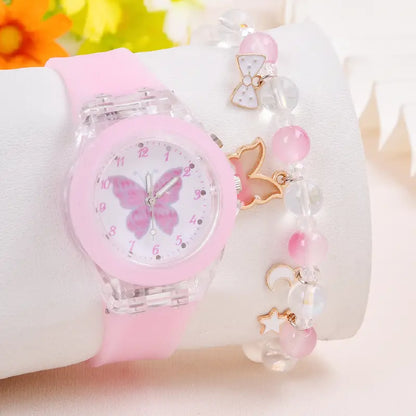Montre Enfant Fille Rose Papillon avec Bracelet Fantaisie – Apprentissage de l’Heure et Accessoire Élégant