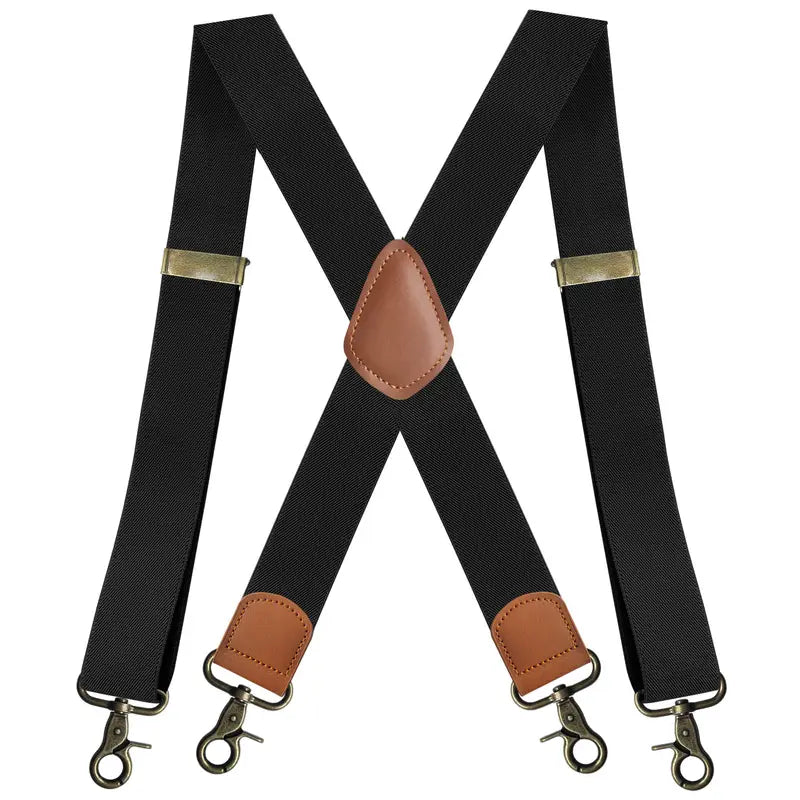 Bretelles homme style rétro – Bretelles réglables en tissu élastique avec finitions cuir marron et crochets métal