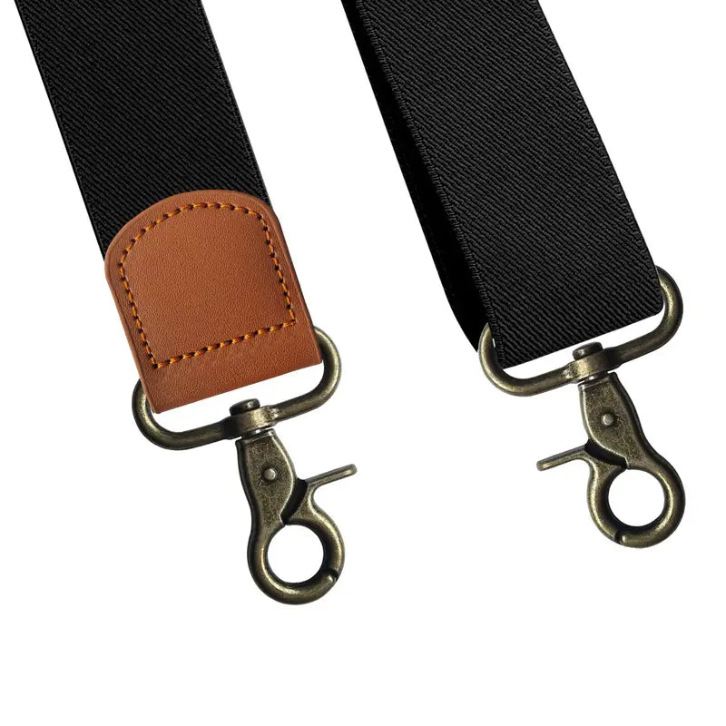 Bretelles homme style rétro – Bretelles réglables en tissu élastique avec finitions cuir marron et crochets métal