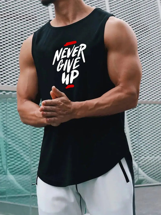Débardeur de sport homme – Musculation & Fitness – Noir avec inscription motivante “Never Give Up