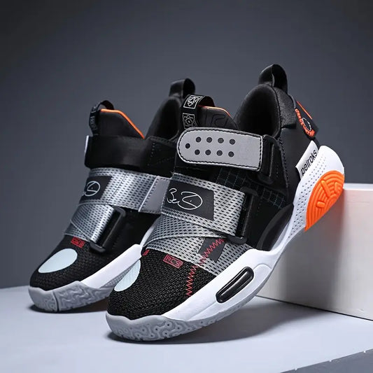 Baskets garçon – Chaussures de sport noires et grises avec scratchs réglables et semelle antidérapante