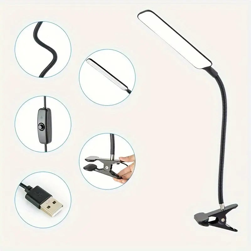 Lampe de Bureau LED avec Pince – Bras Flexible, Port USB, Interrupteur ON/OFF