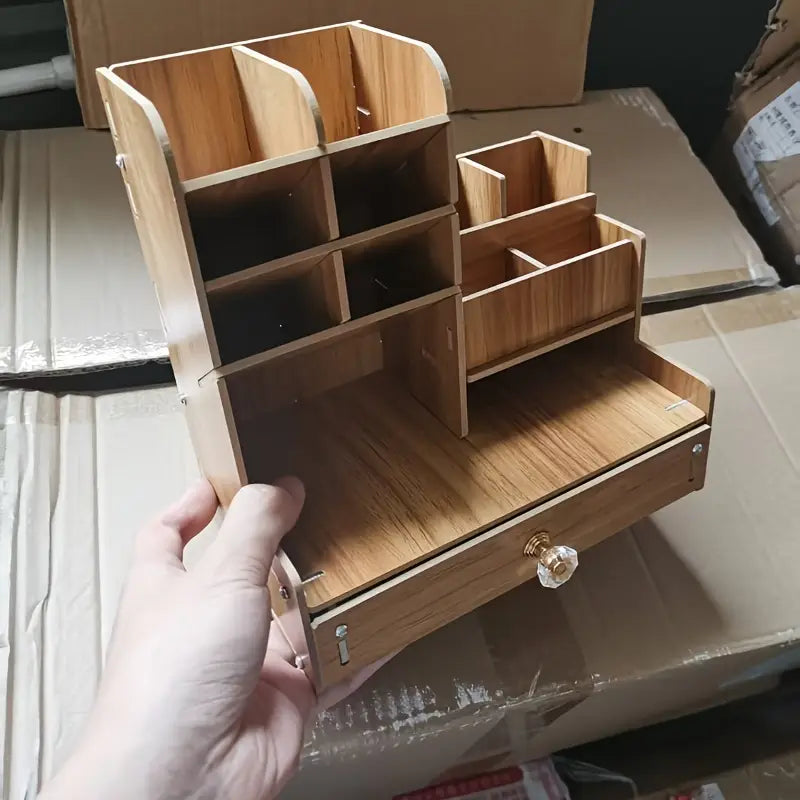 Organisateur de bureau en bois avec tiroir – Rangement multi-compartiments pour fournitures, stylos et accessoires