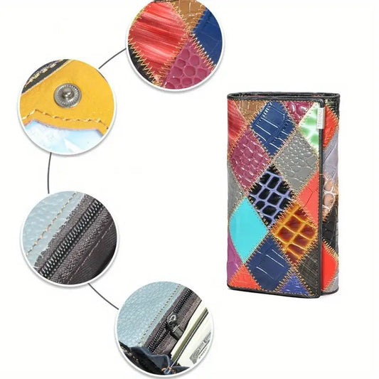 Portefeuille femme cuir multicolore – Design patchwork tendance et élégant