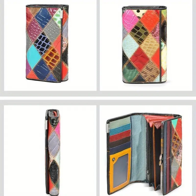 Portefeuille femme cuir multicolore – Design patchwork tendance et élégant