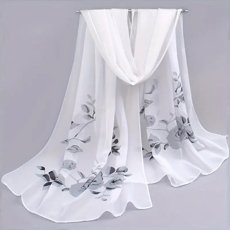 Écharpe femme blanche à fleurs grises – Châle léger en mousseline élégant et raffiné