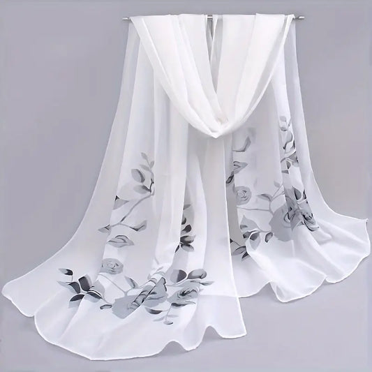 Écharpe femme blanche à fleurs grises – Châle léger en mousseline élégant et raffiné