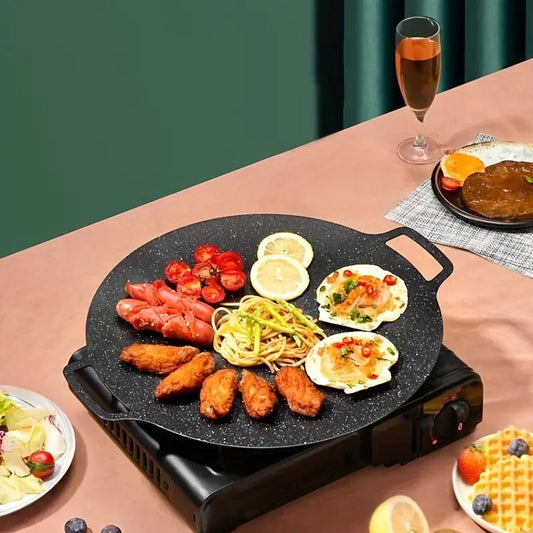 Plancha ronde en fonte antiadhésive – Plaque de cuisson 30cm portable pour barbecue, camping et pique-nique